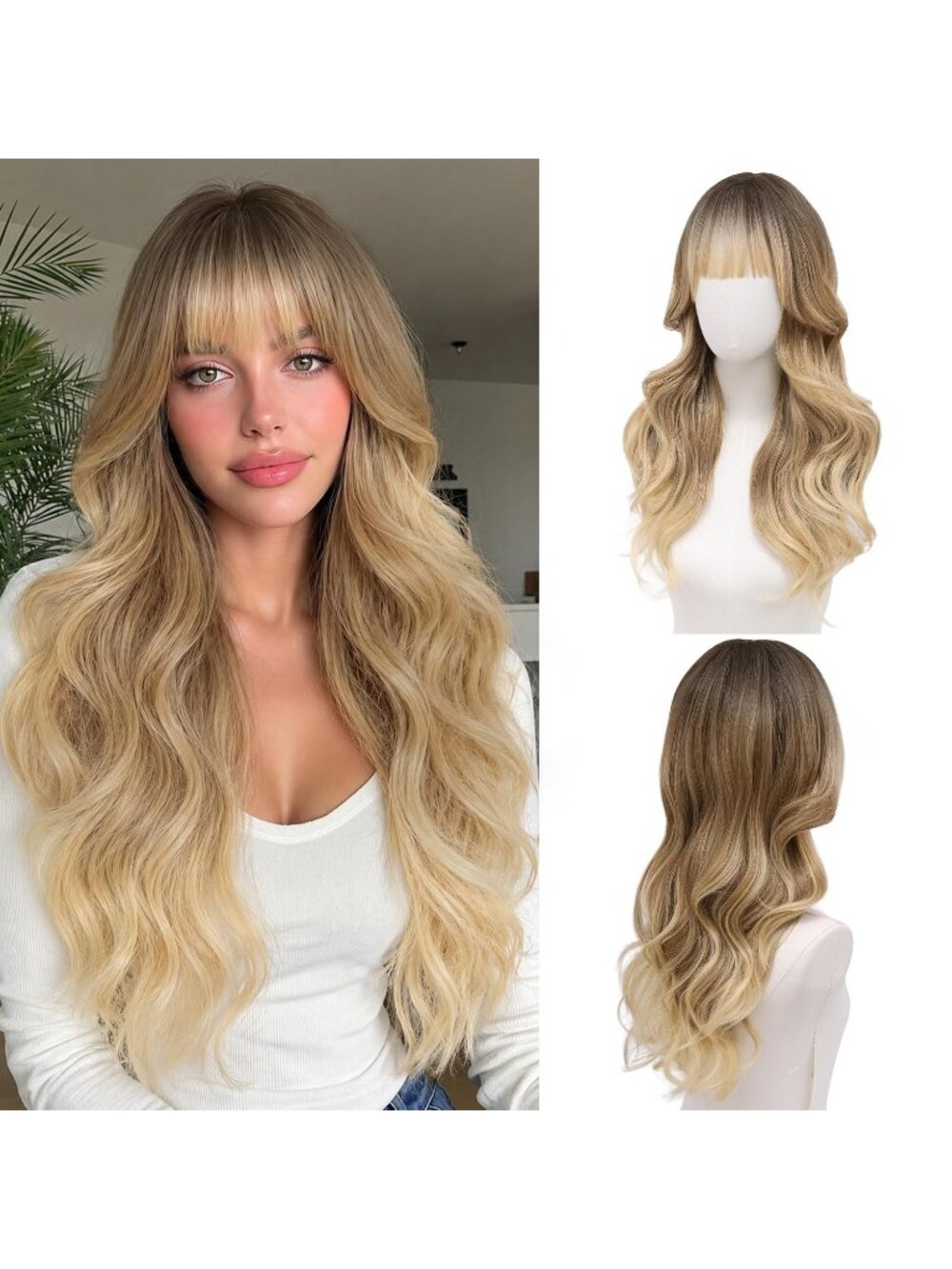 Women's Ombre Blonde 24 Inch Long Wavy Heat Resistant Synthetic Hair Wig Bangs